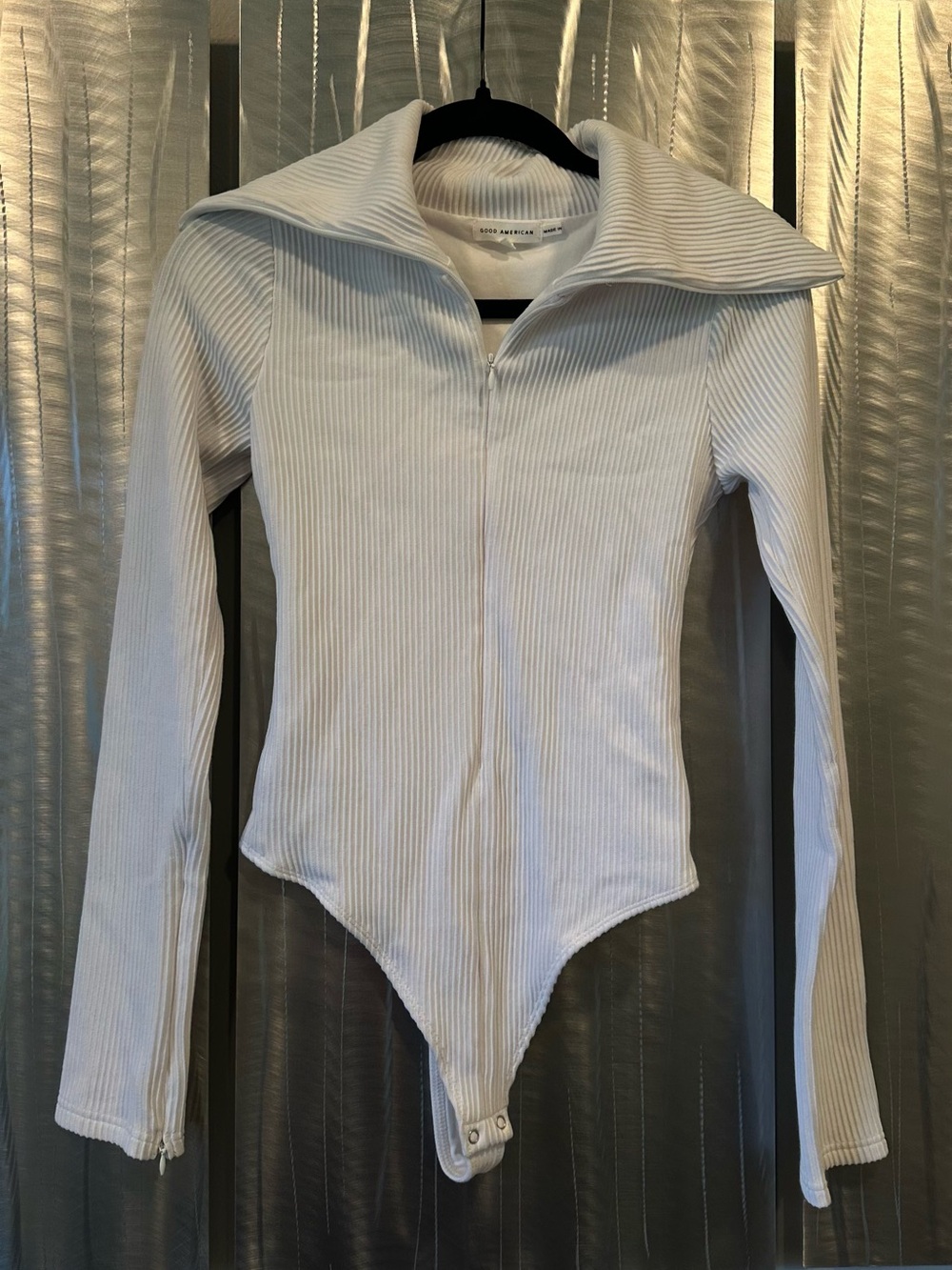 Good American White Ribbed Long-Sleeve One-Piece Bodysuit